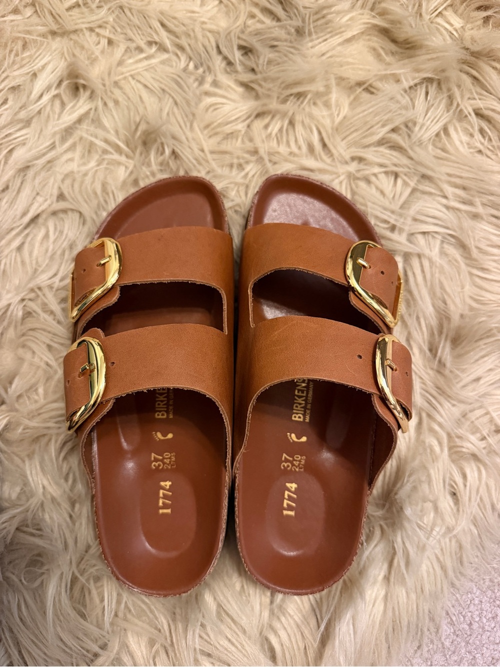 BK Double-Buckle Sandals in Cognac Brown with Gold Buckles